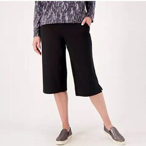 Denim & Co. Active French Terry Capri Wide Leg w/ Side Slit-Black-Medium